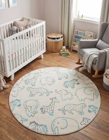 Ivory Animals Whimsy Kids Round Rug