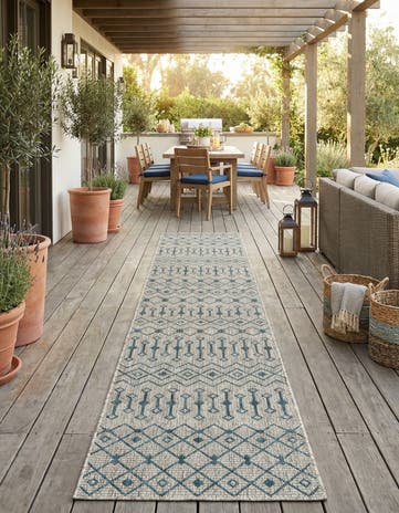 Light Blue Easy-Clean Trellis Indoor / Outdoor Runner Rug