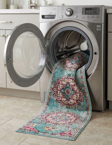 Light Blue Washable Fleur Runner Rug