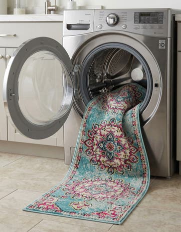 Light Blue Washable Fleur Runner Rug