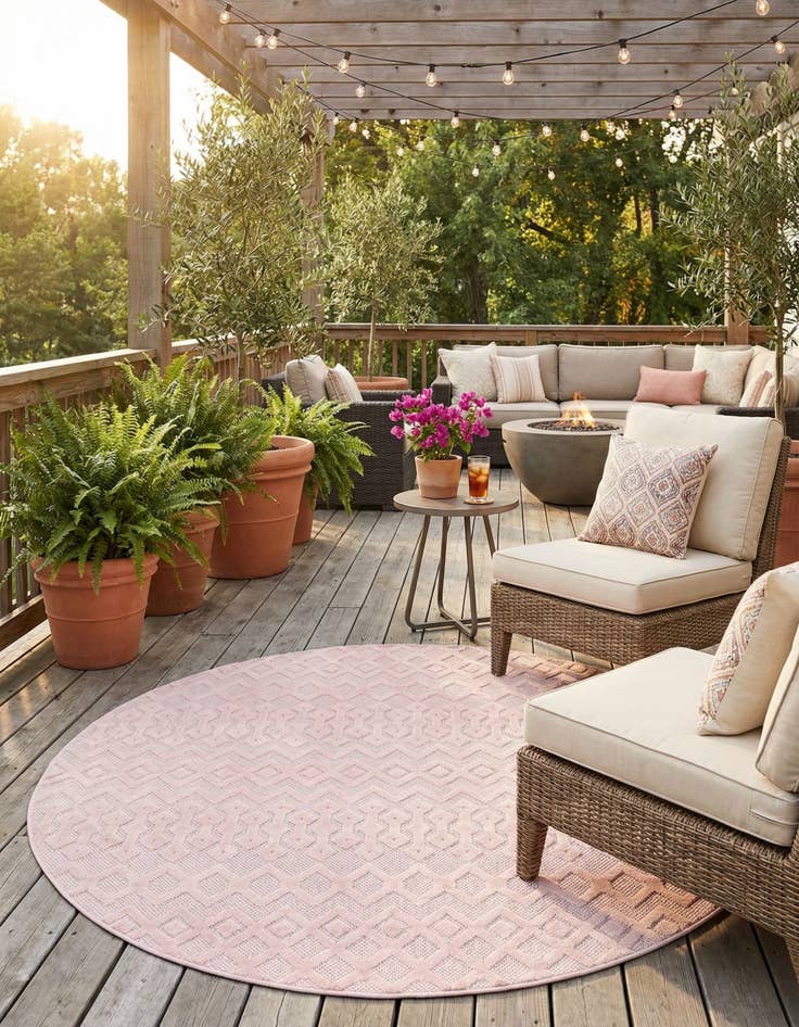 Detail image of 7' x 7'  Washable Trellis Textured Indoor / Outdoor Round Rug