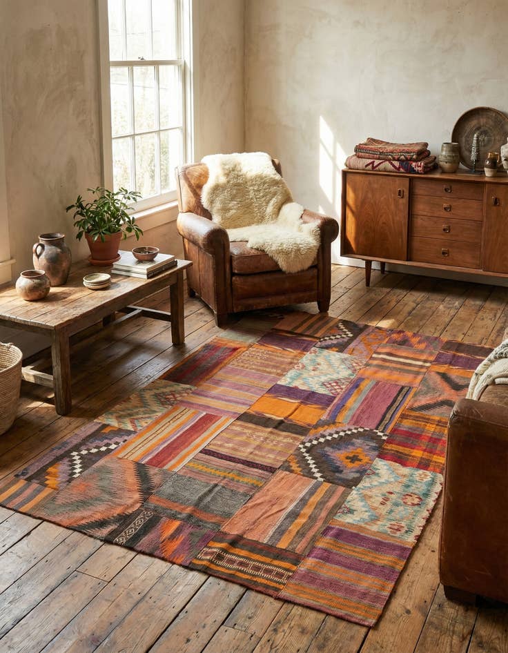 Detail image of 5' 3 x 7' 10  Hand Woven Kilim Patchwork Wool Rug