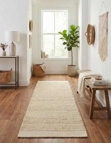 Ivory and White Hand Woven Lariat Runner Rug