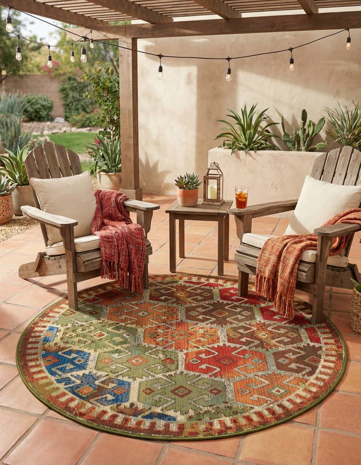 Detail image of 4' x 4' Easy-Clean Southwestern Indoor / Outdoor Round Rug