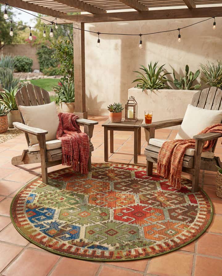 4' x 4' Easy-Clean Southwestern Indoor / Outdoor Round Rug