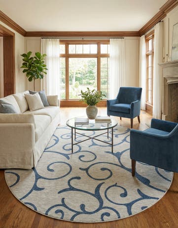 Gray Easy-Clean Botanical Indoor / Outdoor Round Rug
