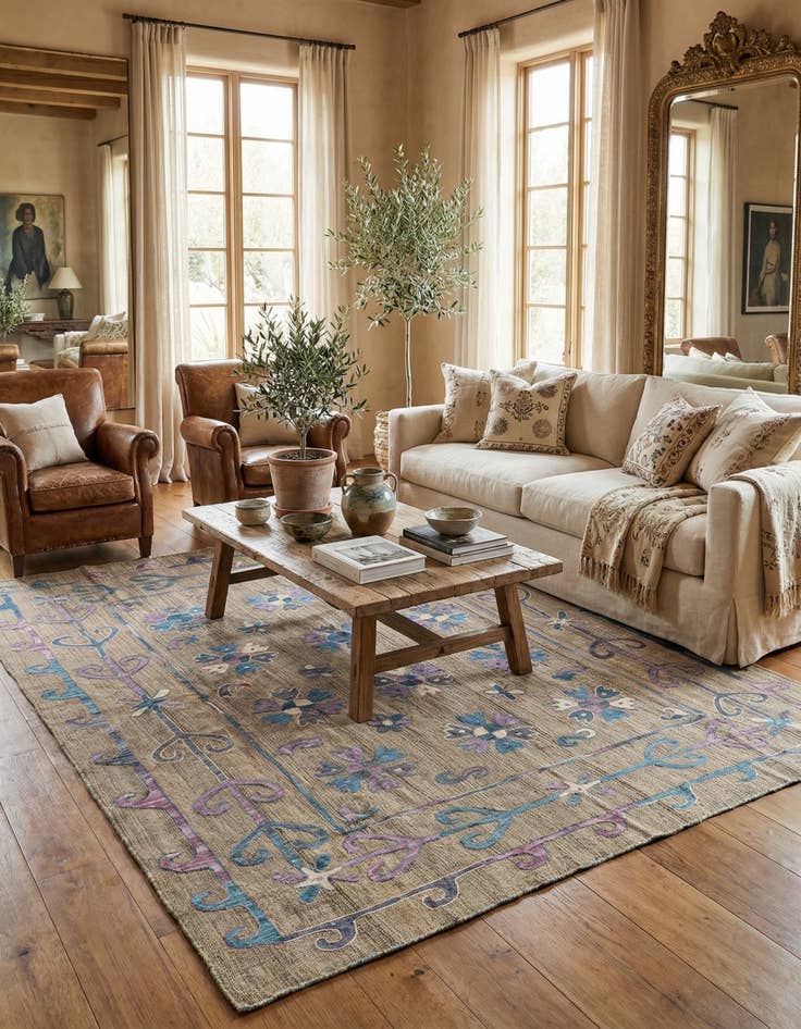 Detail image of 5' 7 x 7'  Hand Woven Kilim Suzani Wool Rug