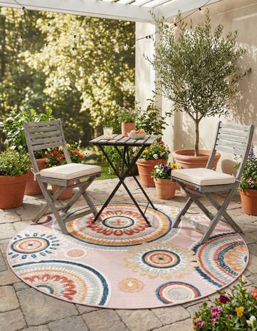 Pink Easy-Clean Botanical Indoor / Outdoor Round Rug