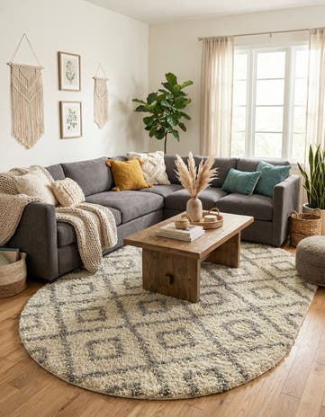 Ivory Lattice Shag Oval Rug