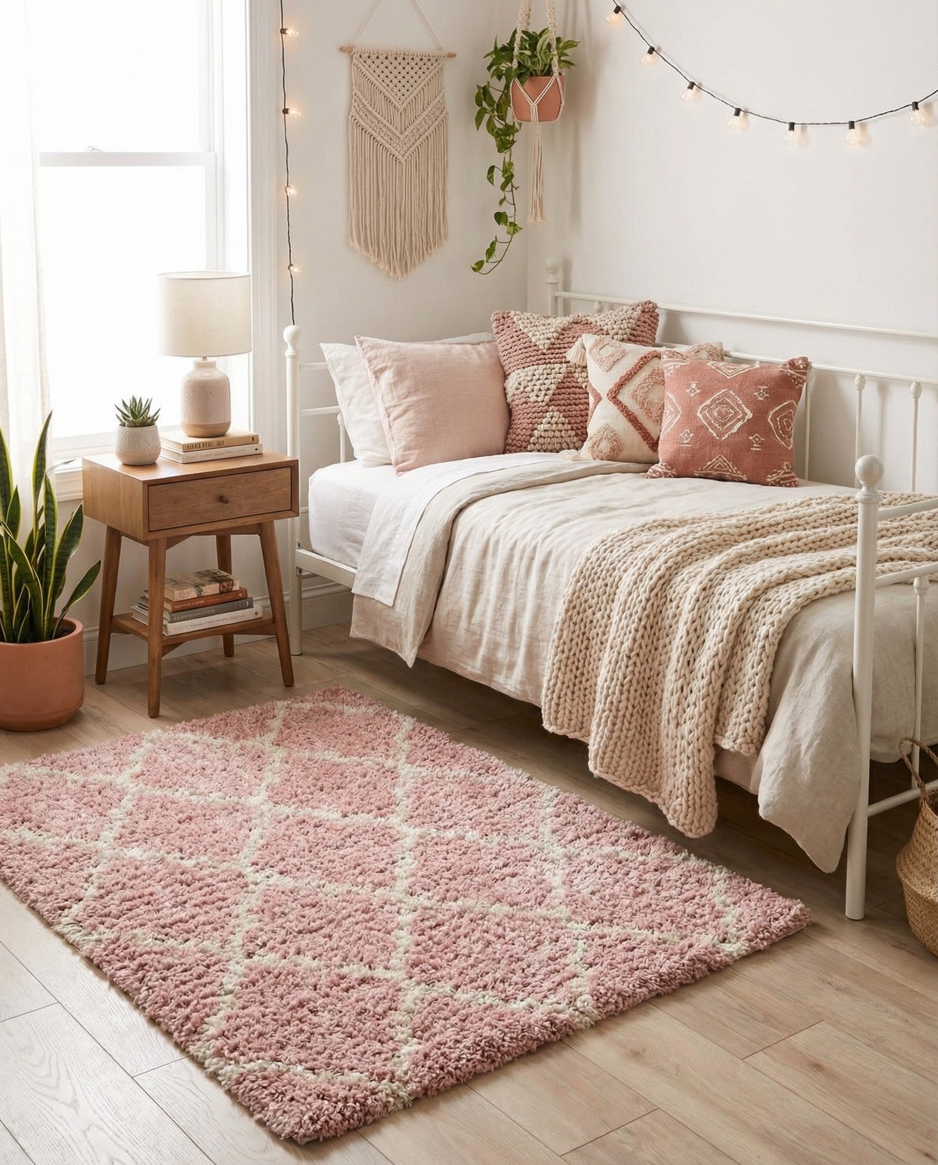 A square 4' 0 x 4' 0 pink shag rug with a modern off-white trellis pattern, featuring a high-low textured pile.