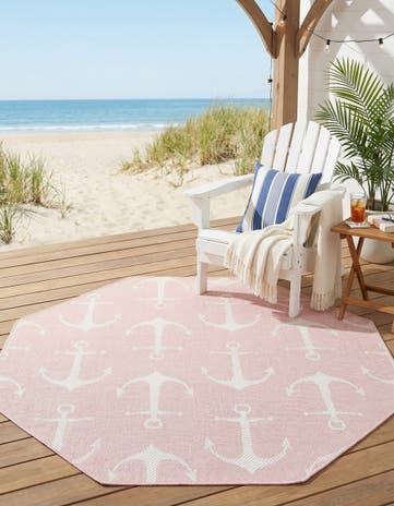 Pink Easy-Clean Coastal Indoor / Outdoor Octagon Rug