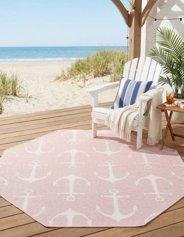 Pink Easy-Clean Coastal Indoor / Outdoor Octagon Rug