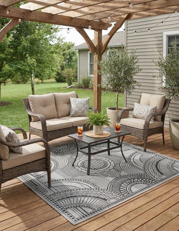 White and Black Easy-Clean Traditional Indoor / Outdoor Square Rug