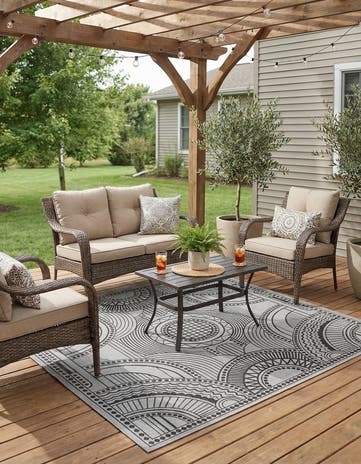 White and Black Easy-Clean Traditional Indoor / Outdoor Square Rug