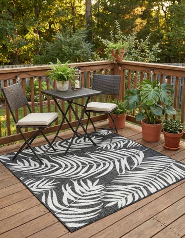 Charcoal Easy-Clean Botanical Indoor / Outdoor Square Rug