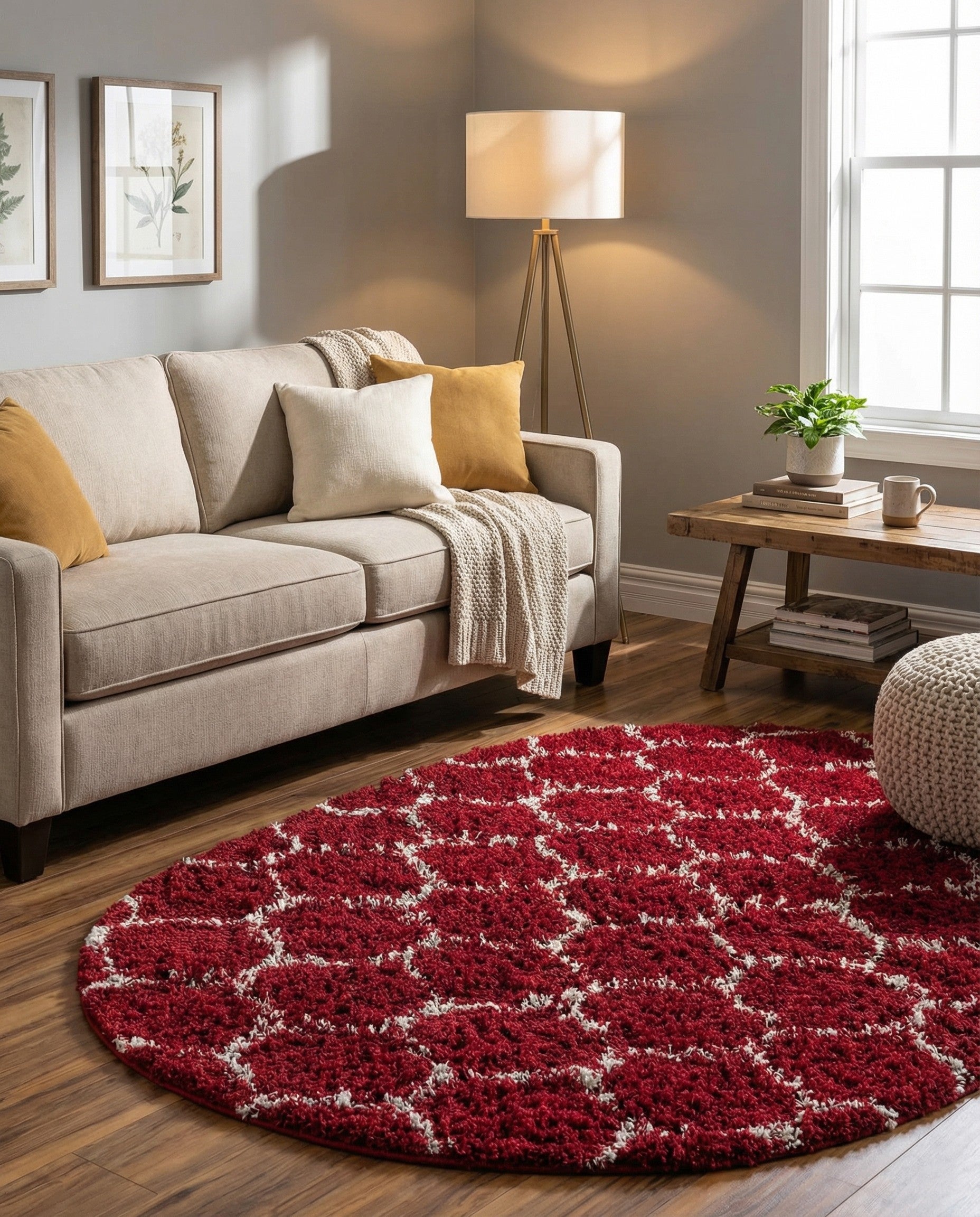 A vibrant red oval rug with a white modern lattice pattern and a textured high/low pile.