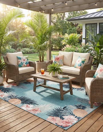 Blue Easy-Clean Botanical Indoor / Outdoor Rug