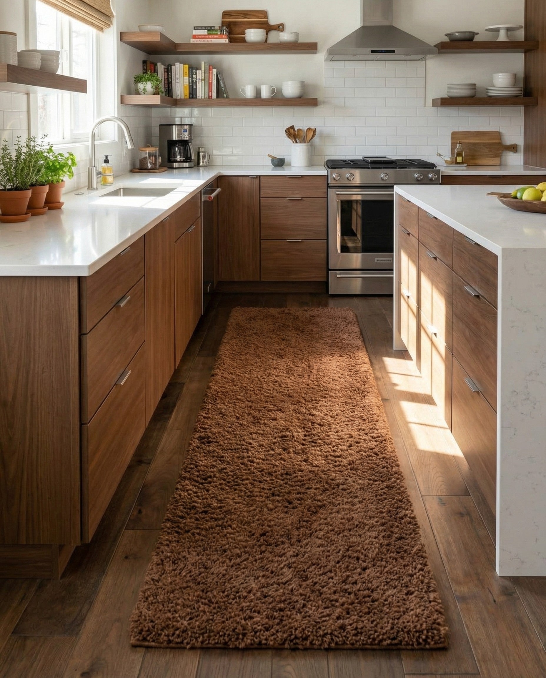 A long, rectangular 16 ft brown shag runner rug with a textured, plush pile, ideal for a hallway.