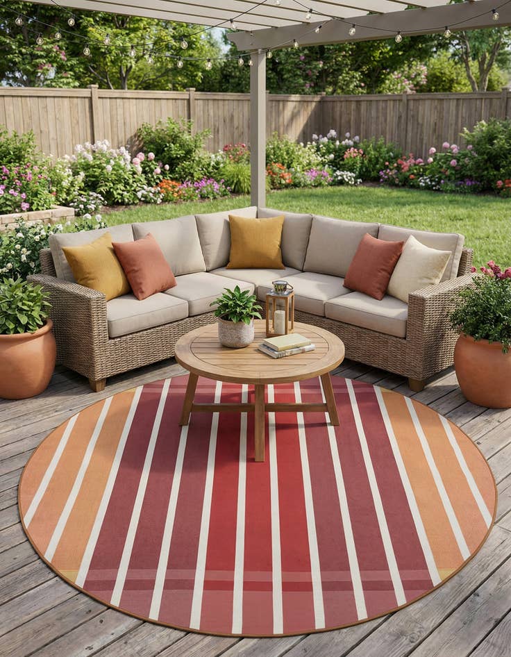 Detail image of 7' 10 x 7' 10 Easy-Clean Striped Indoor / Outdoor Round Rug