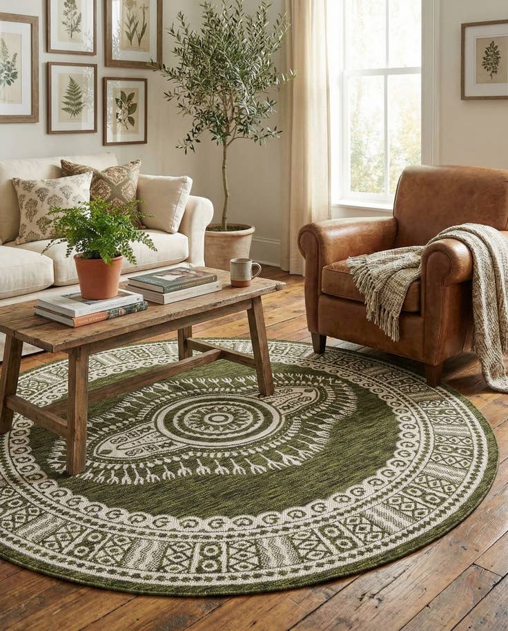 Detail image of 6' x 6' Easy-Clean Traditional Indoor / Outdoor Round Rug