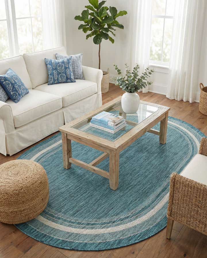5' 3 x 8' Easy-Clean Border Indoor / Outdoor Oval Rug