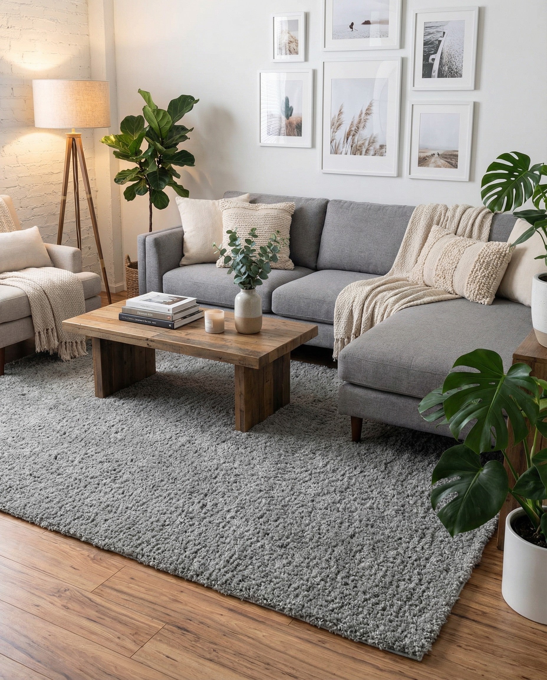 A soft, rectangular 8x11 gray shag area rug with a textured pile, perfect for a modern living room.