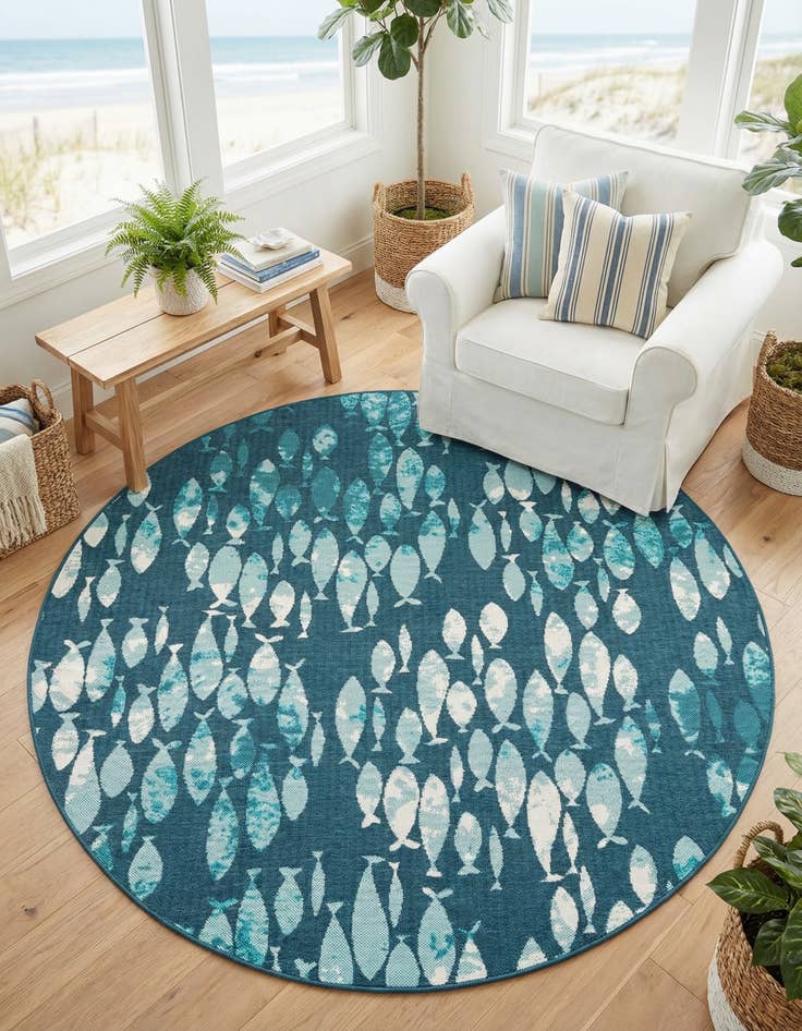 Detail image of  7' x 7'  Washable Coastal Indoor / Outdoor Round Rug