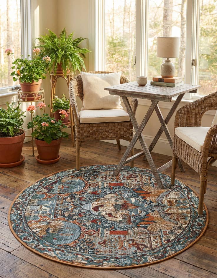 Detail image of 3' 3 x 3' 3  Washable Traditional Indoor / Outdoor Round Rug