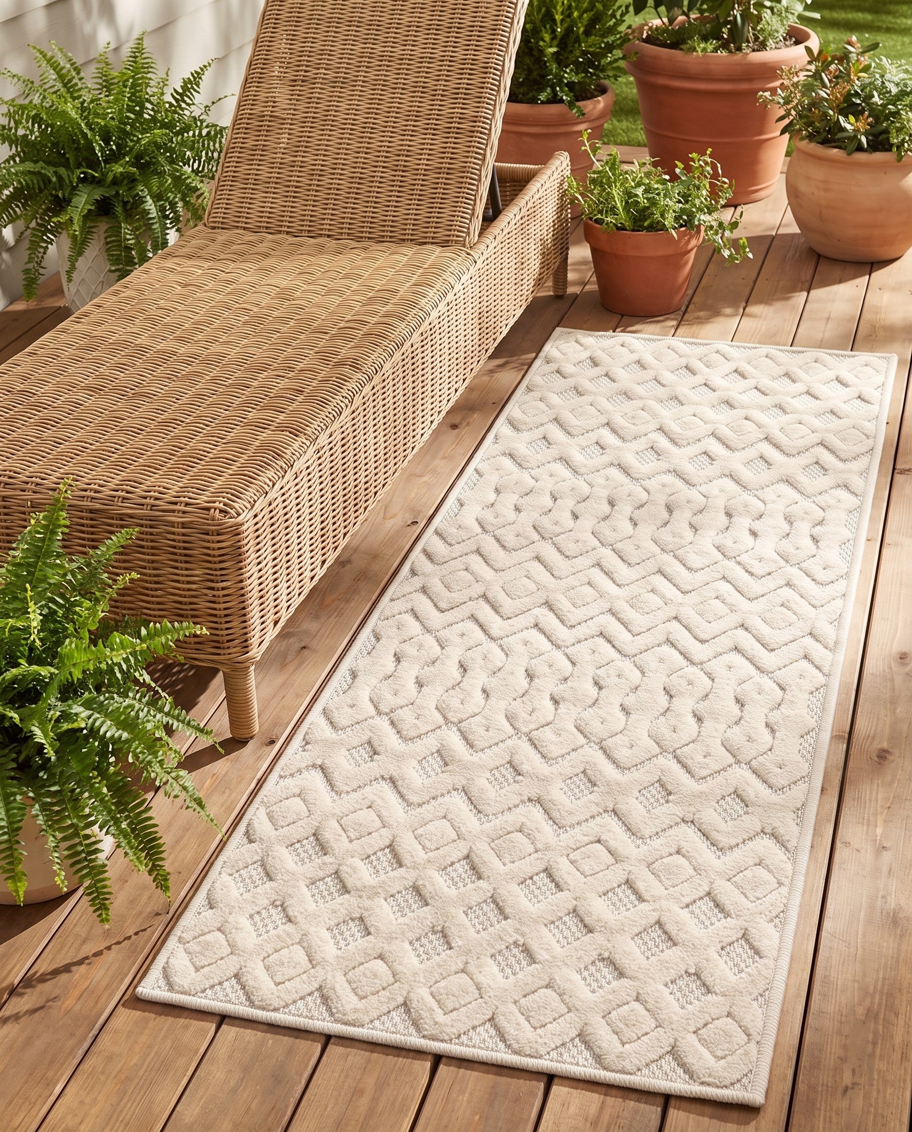 Ivory Easy-Clean Trellis Textured Indoor / Outdoor Runner Rug