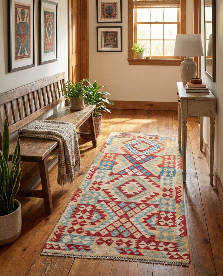 Detail image of 3' 5 x 7' Hand Woven Kilim Maymana Wool Runner Rug