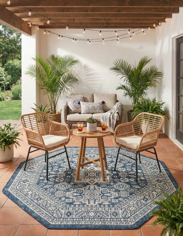 Blue Easy-Clean Aztec Indoor / Outdoor Octagon Rug