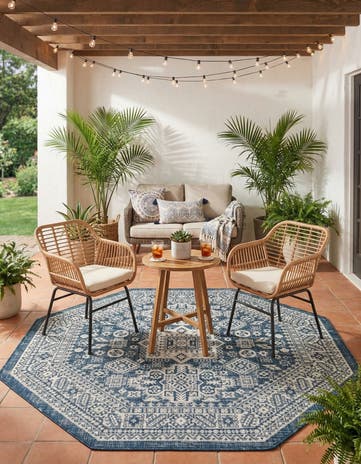 Blue Easy-Clean Aztec Indoor / Outdoor Octagon Rug