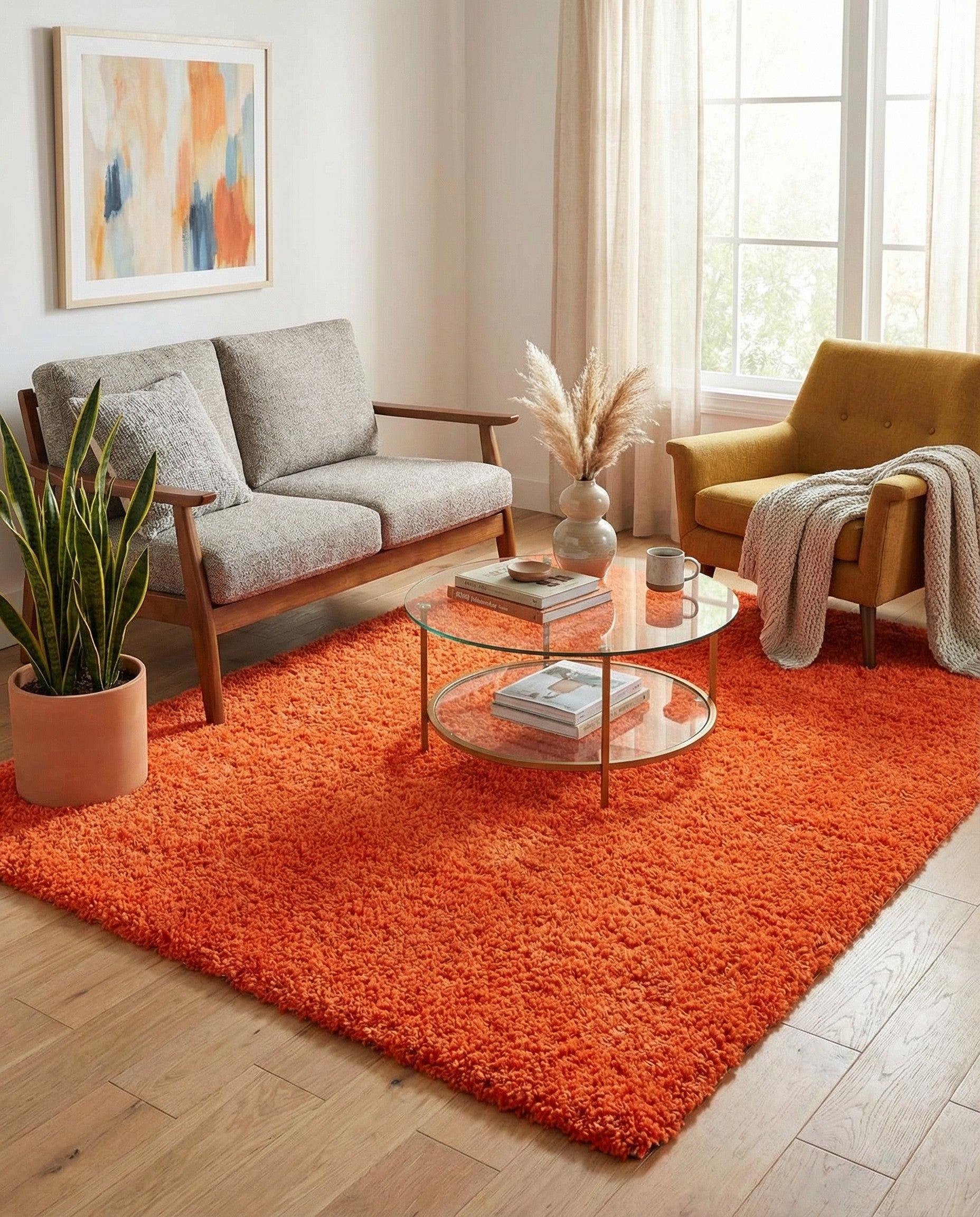 A vibrant orange 7' 10 x 7' 10 square shag rug, showcasing its plush, solid-colored texture.