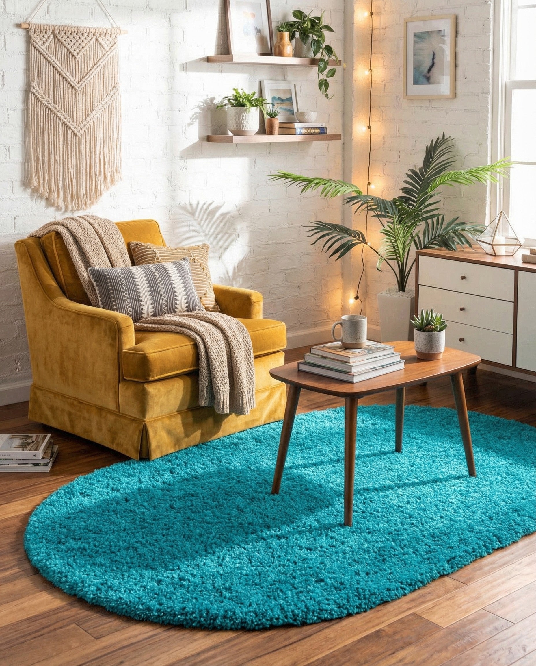 A vibrant 3' x 5' oval blue shag rug with a plush, textured pile, perfect for adding a pop of color to any indoor space.