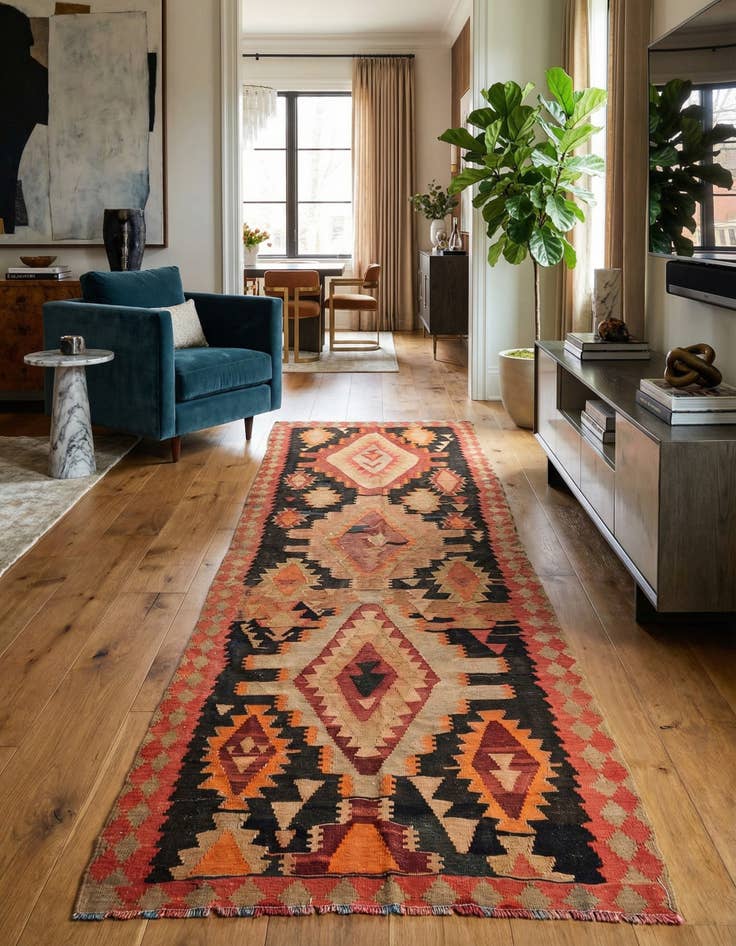Detail image of 4' 4 x 12' 2 Hand Woven Kilim Modern Wool Runner Rug