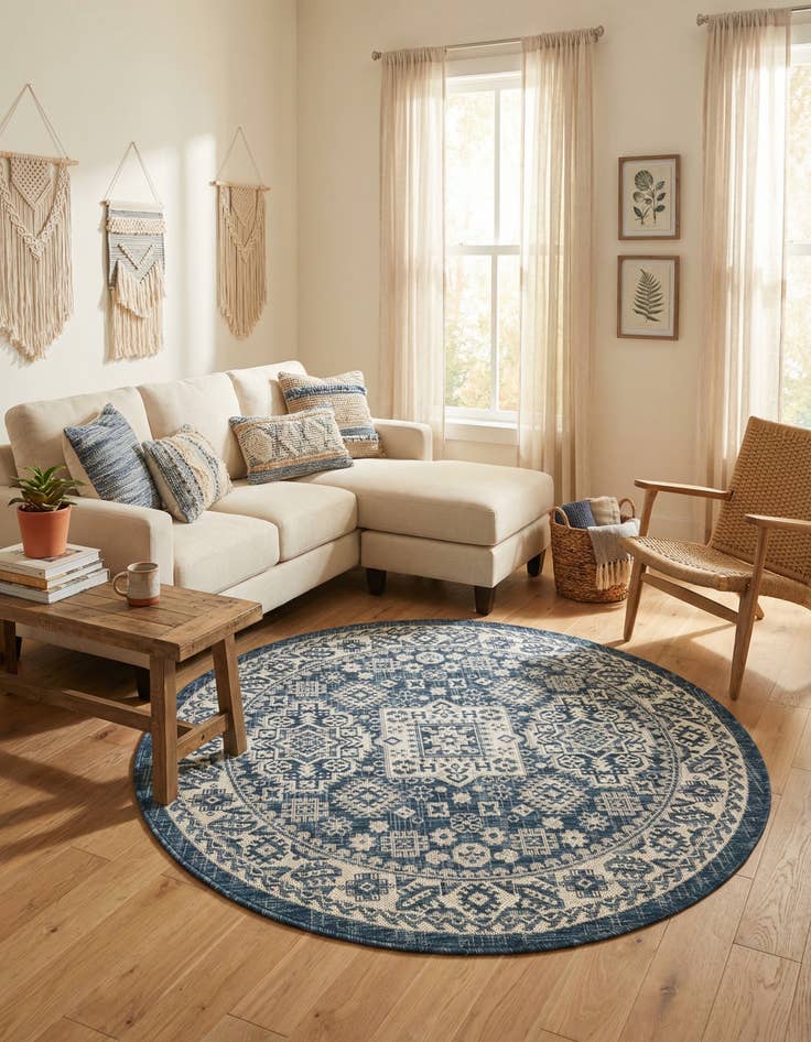 Detail image of 4' x 4'  Washable Aztec Indoor / Outdoor Round Rug