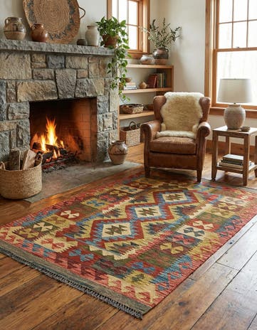 3' 2 x 4' 10 Hand Woven Kilim Maymana Wool Rug