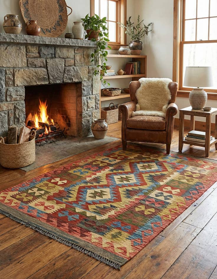 Detail image of  3' 2 x 4' 10  Hand Woven Kilim Maymana Wool Rug