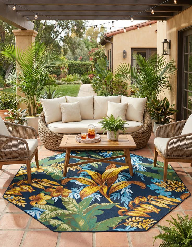 Detail image of 7' 10 x 7' 10  Washable Botanical Indoor / Outdoor Octagon Rug