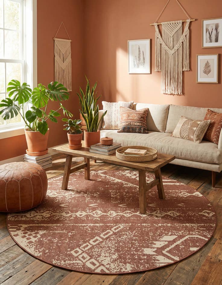 Detail image of 7' 10 x 7' 10 Easy-Clean Bohemian Indoor / Outdoor Round Rug