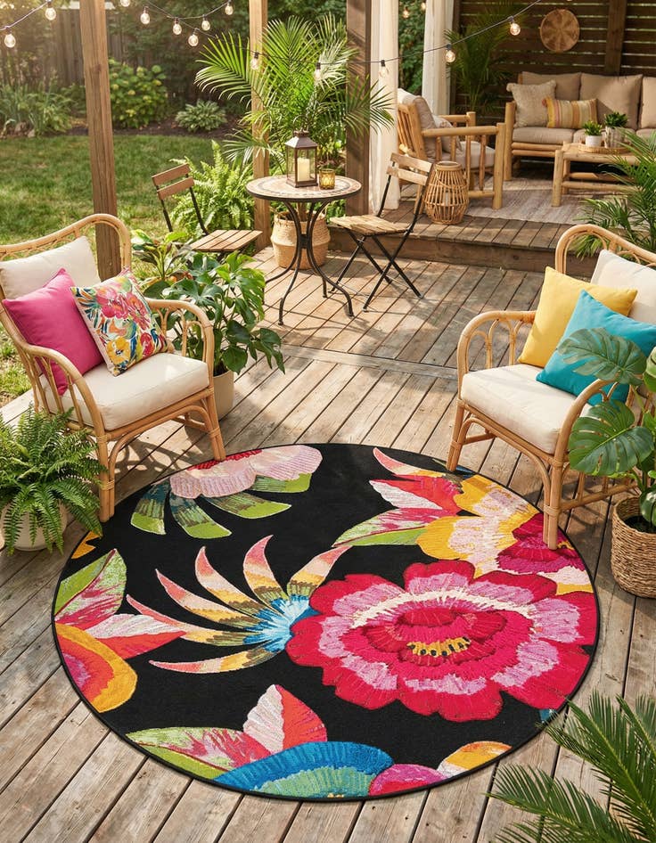 Detail image of 5' x 5'  Washable Botanical Indoor / Outdoor Round Rug