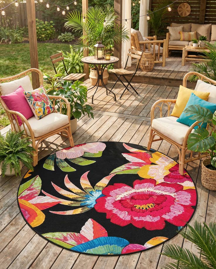 Detail image of 5' x 5' Easy-Clean Botanical Indoor / Outdoor Round Rug