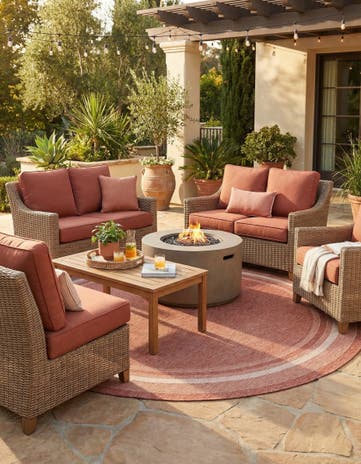 Rust Red Easy-Clean Border Indoor / Outdoor Round Rug