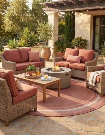 Rust Red Easy-Clean Border Indoor / Outdoor Round Rug