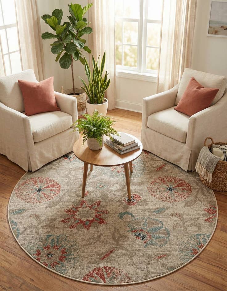 Detail image of  6' x 6'  Washable Botanical Indoor / Outdoor Round Rug