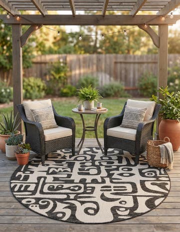 Black and White Easy-Clean Modern Indoor / Outdoor Round Rug