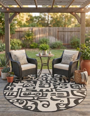 Black and White Easy-Clean Modern Indoor / Outdoor Round Rug