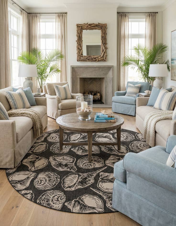 Detail image of 13' x 13'  Washable Coastal Indoor / Outdoor Round Rug