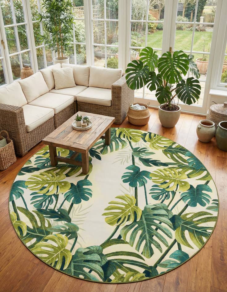 Detail image of 12' x 12'  Washable Botanical Indoor / Outdoor Round Rug