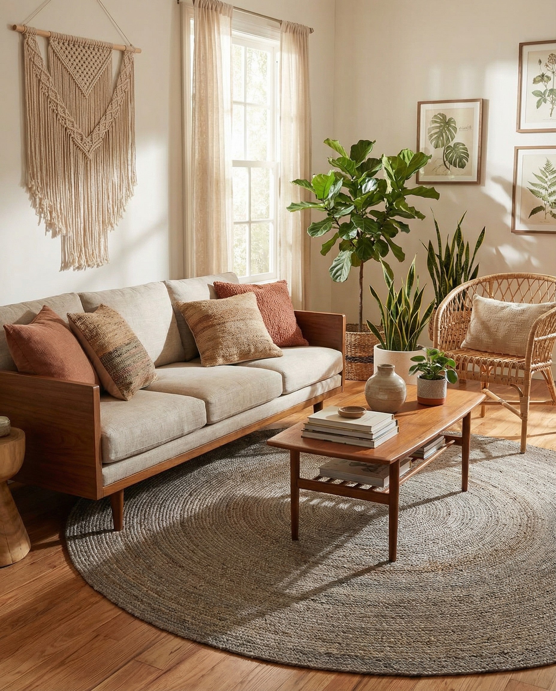 A round 8' gray jute rug with a braided, textured weave, perfect for a minimalist or coastal living space.